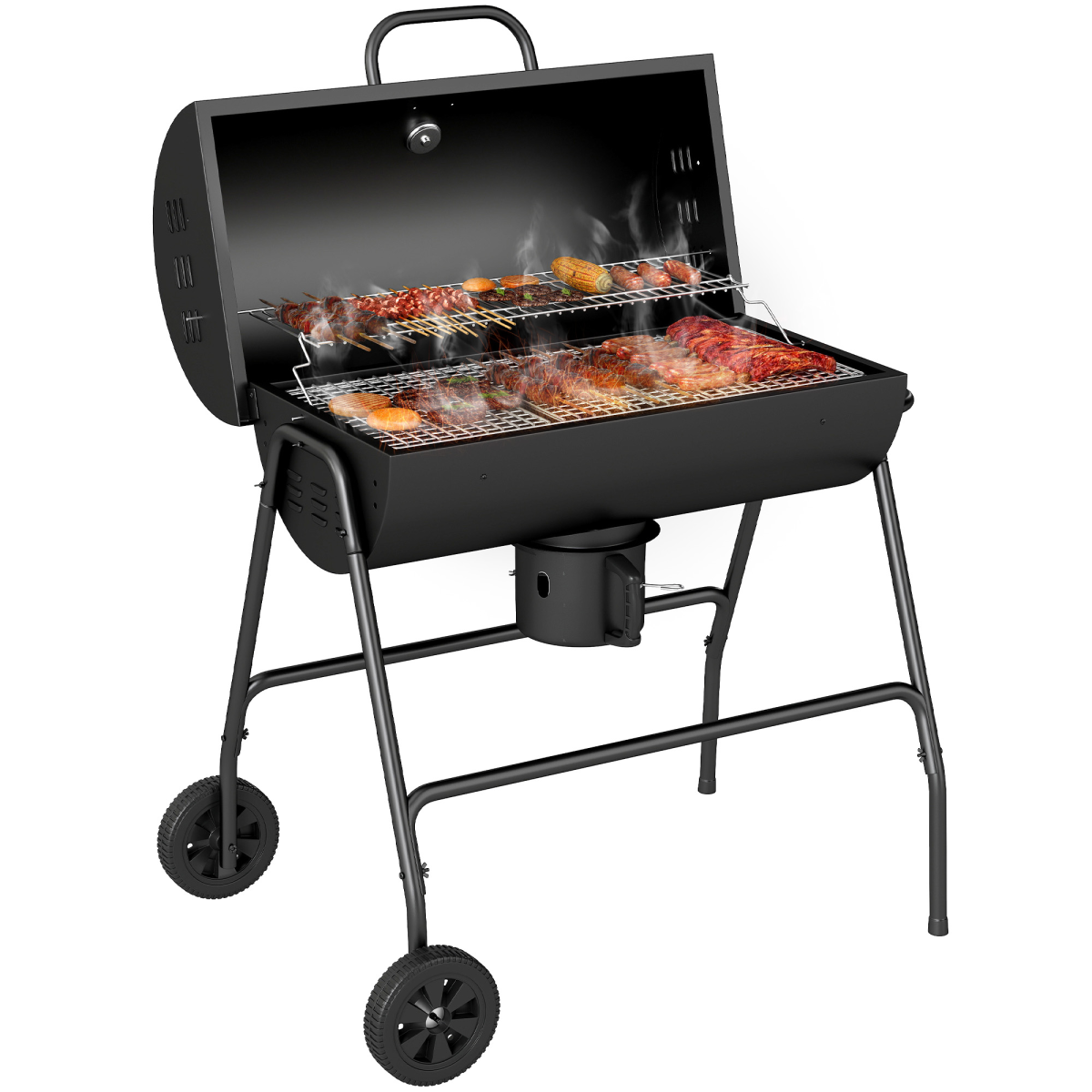 Outsunny Barrel Charcoal BBQ Grill Trolley w/ Ash Catcher & Thermometer, Black