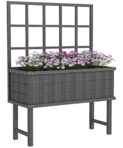 Outsunny Raised Wood Planter w/ Trellis, Drain Holes & Liner, Grey 105cm