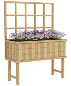 Outsunny Fir Wood Raised Garden Bed with Trellis & Drain Holes, Natural Finish