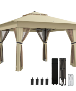 Outsunny 3x3m Pop-Up Gazebo with Solar LED Lights, Khaki, Curtain Netting