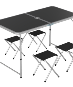 Outsunny Folding Camping Table & 4 Chairs Set, Adjustable Height, Parasol Hole