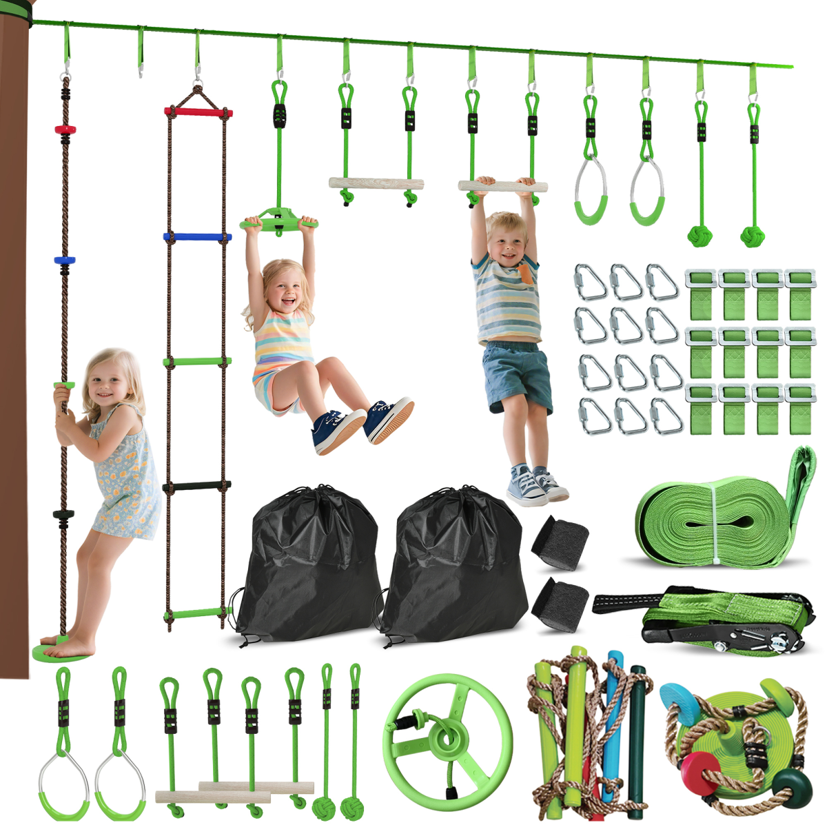 AIYAPLAY Obstacle Course for Kids with 10PCs Slackline Kit, Green