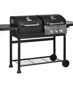 Outsunny Dual Fuel BBQ Grill with Wheels, Warming Rack, Black