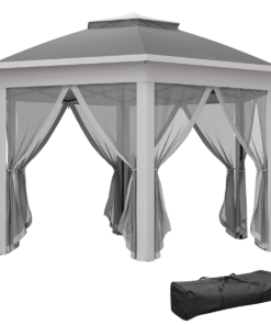 Outsunny Hexagon Pop-Up Gazebo 3x4m with Mesh Curtains, Dark Grey