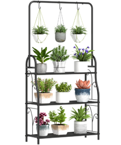 Outsunny 3-Tier Metal Plant Stand w/ Hanging Hooks, Outdoor Balcony, Black