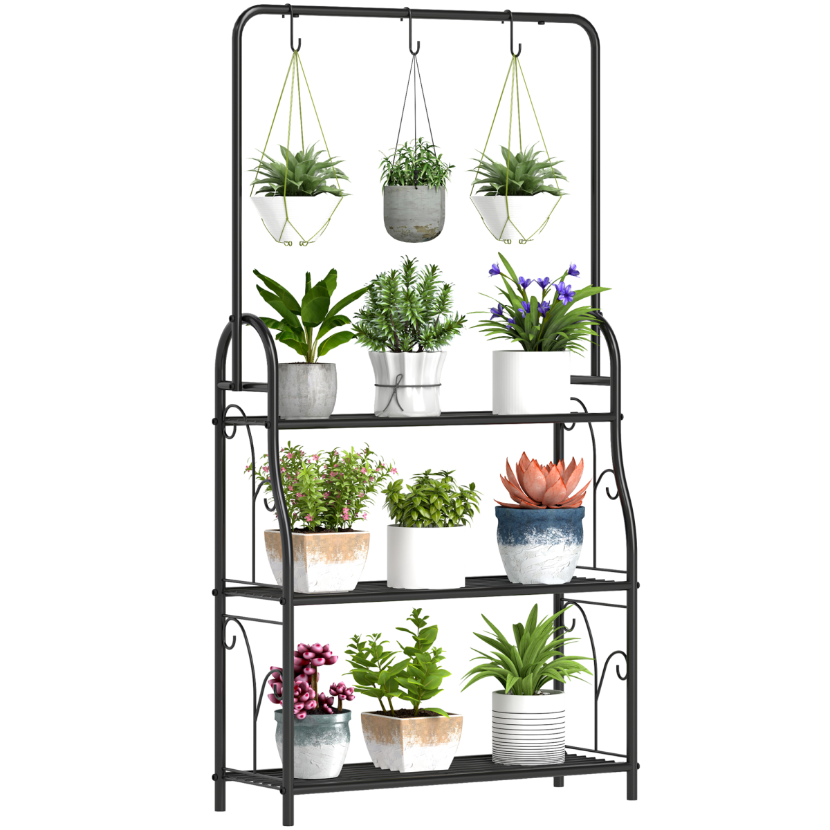 Outsunny 3-Tier Metal Plant Stand w/ Hanging Hooks, Outdoor Balcony, Black