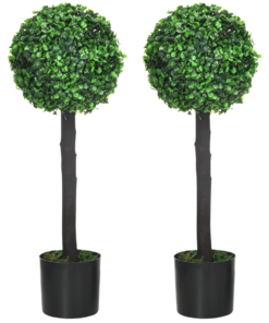 HOMCOM Set of 2 Potted Artificial Plants Boxwood Ball Trees Outdoor, 60cm