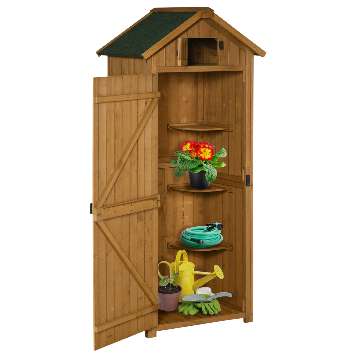 Brown Wooden Garden Shed with 3 Shelves, Weather-Resistant Outdoor Storage