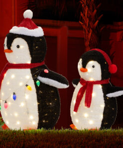 2-Piece Lighted Plush Penguins Christmas Yard Decorations, Set of 2 Pre-lit Pull Up Penguins with 150 Warm White LEDs, Multi-color Light String and Stakes for Xmas Outdoor Holiday Indoor Decor