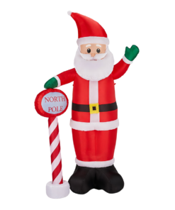 2.45M Lighted Christmas Inflatable Decoration, Inflatable Santa with North Pole Road Sign, Funny Blow Up Yard Decorations with Built-in LED Lights for Holiday Party Front Yard Lawn Garden Decor