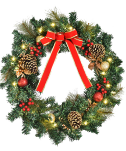 60cm Pre-Lit Artificial Christmas Door Wreath Holly LED Decor Pine Cones Hangin