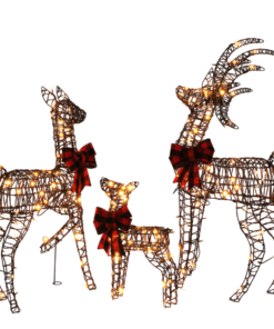 3-Piece Lighted Christmas Reindeer Family Set Outdoor Decorations, Weather Proof Rattan Deer Family Set of 3 Christmas Ornament Home Decor Pre-lit 210 LED Warm White Lights, 4FT, Brown