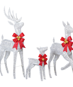 3-Piece Lighted Christmas Reindeer Family Set Outdoor Decorations, Weather Proof Sparkling Deer Family Set of 3 Christmas Ornament Home Decor Pre-lit 210 LED Warm White Lights, 4FT, Silver